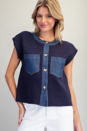Denim trim patch pocket knit top