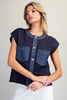 Denim trim patch pocket knit top