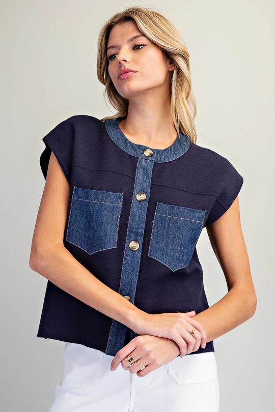Denim trim patch pocket knit top