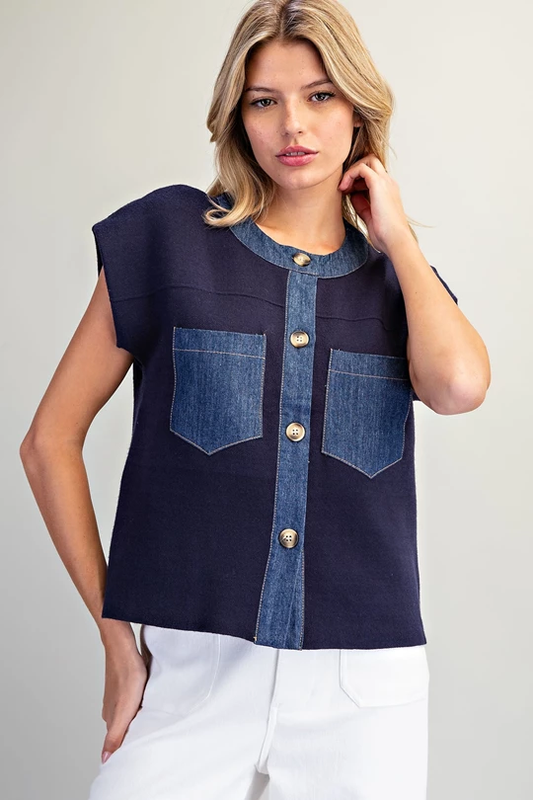 Denim trim patch pocket knit top