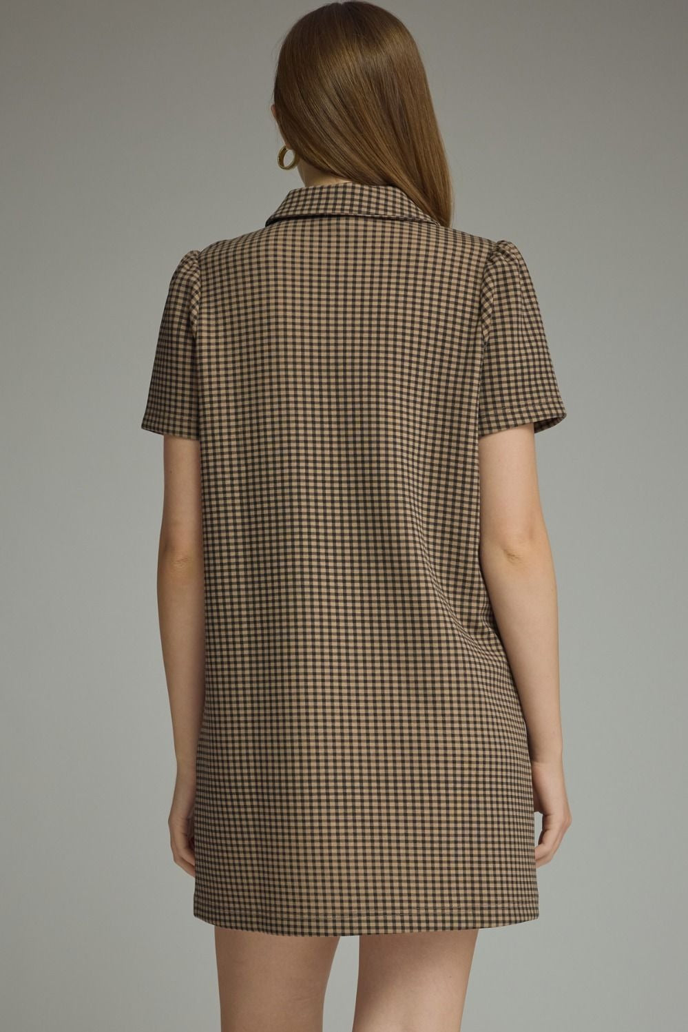 Gingham print short puff sleeve mini dress featuring half zip detail at front