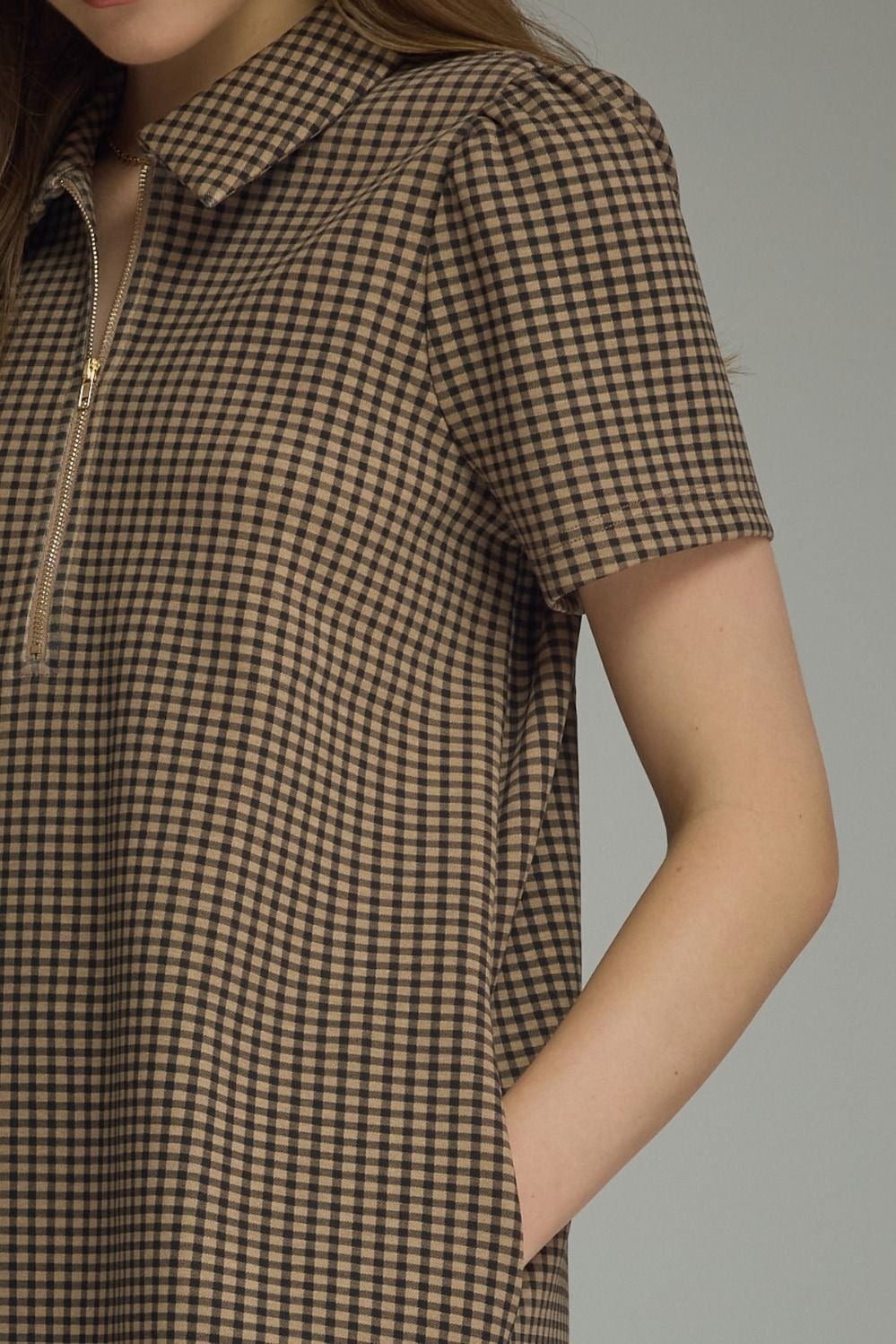 Gingham print short puff sleeve mini dress featuring half zip detail at front