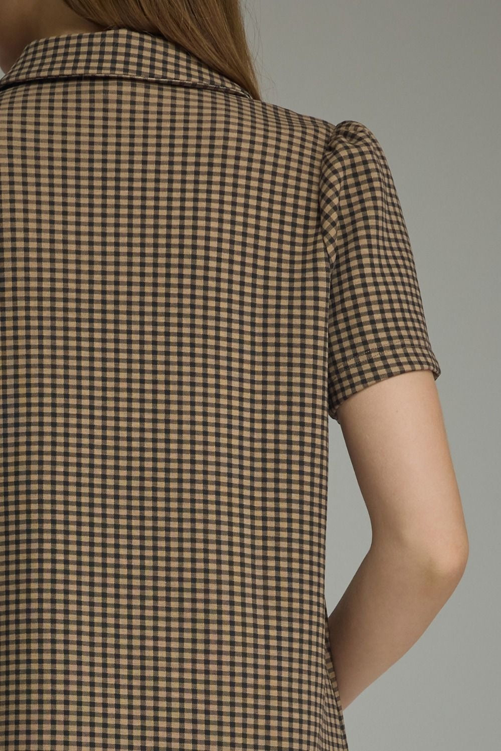 Gingham print short puff sleeve mini dress featuring half zip detail at front