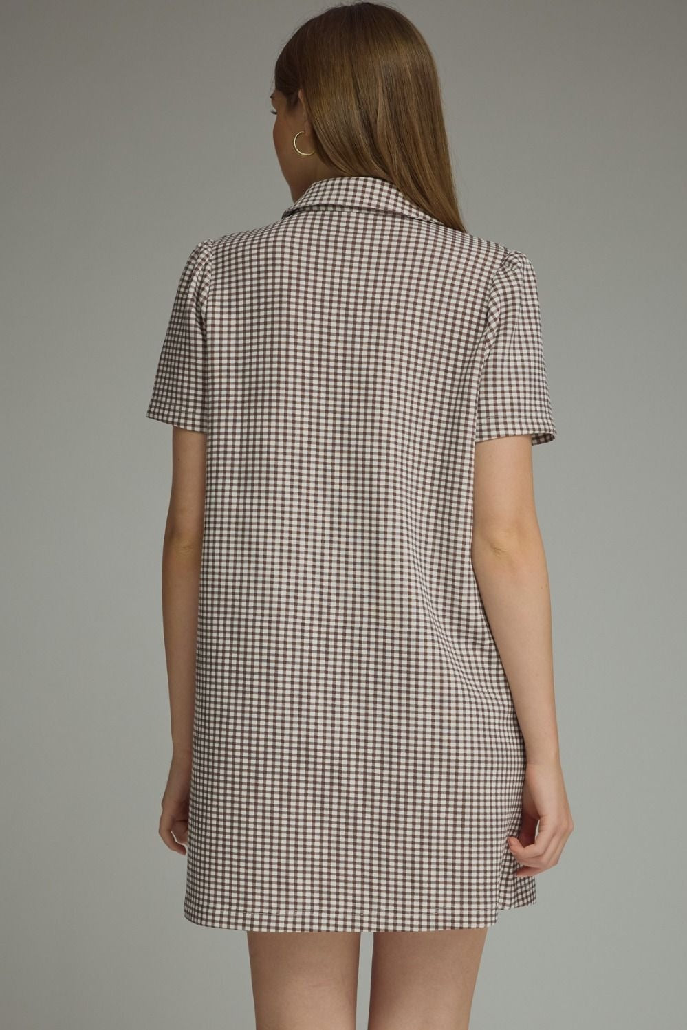 Gingham print short puff sleeve mini dress featuring half zip detail at front