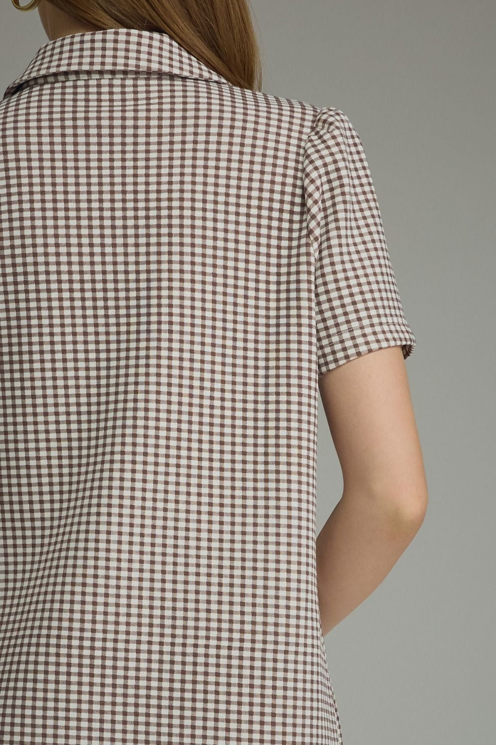 Gingham print short puff sleeve mini dress featuring half zip detail at front