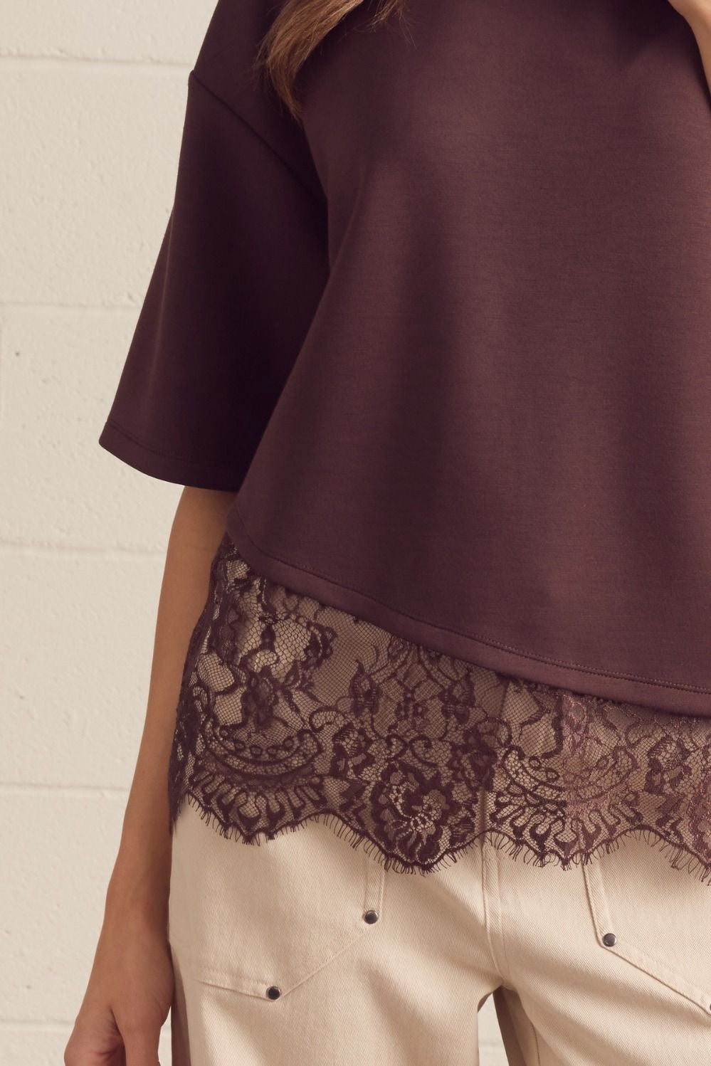 Solid short sleeve knit top featuring scallop lace hem detail