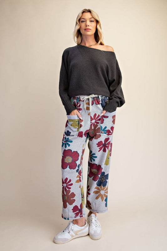 Floral print washed terry pants