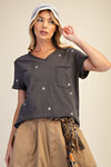 Embroidery stars washed cotton slub top with rolled cuff sleeves