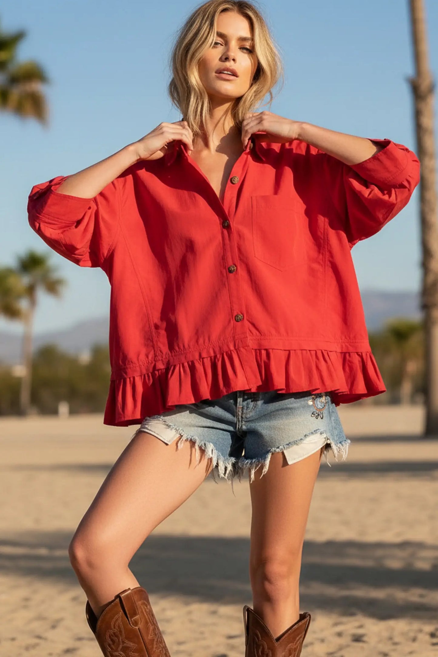 Ruffle Hem Button Front Poplin Top