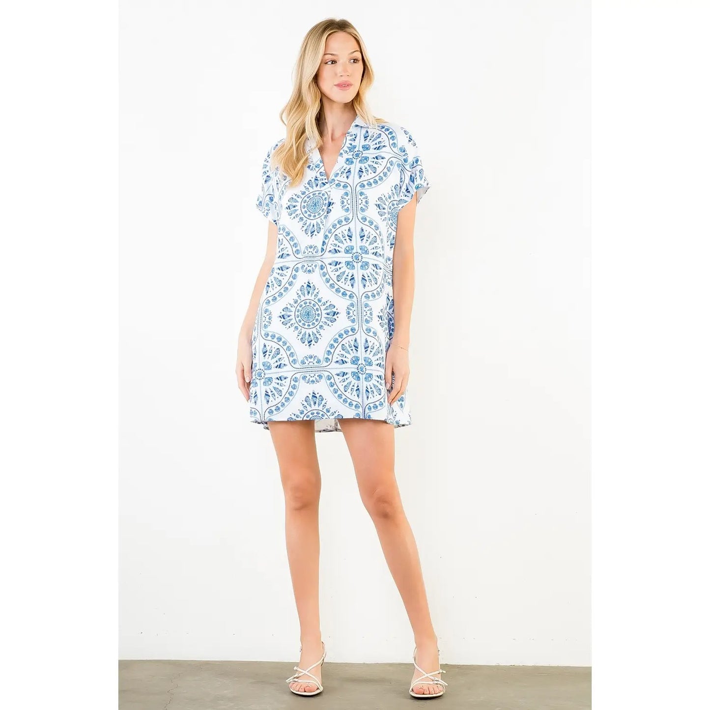 THML Short sleeve pattern detail v-neck dress