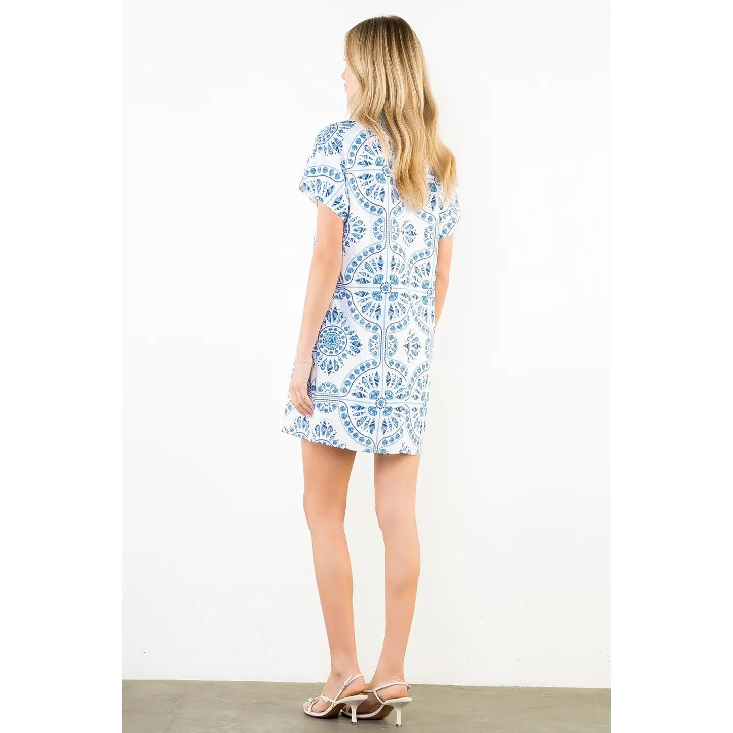 THML Short sleeve pattern detail v-neck dress