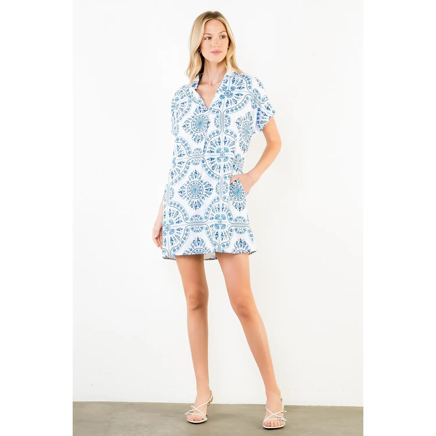 THML Short sleeve pattern detail v-neck dress