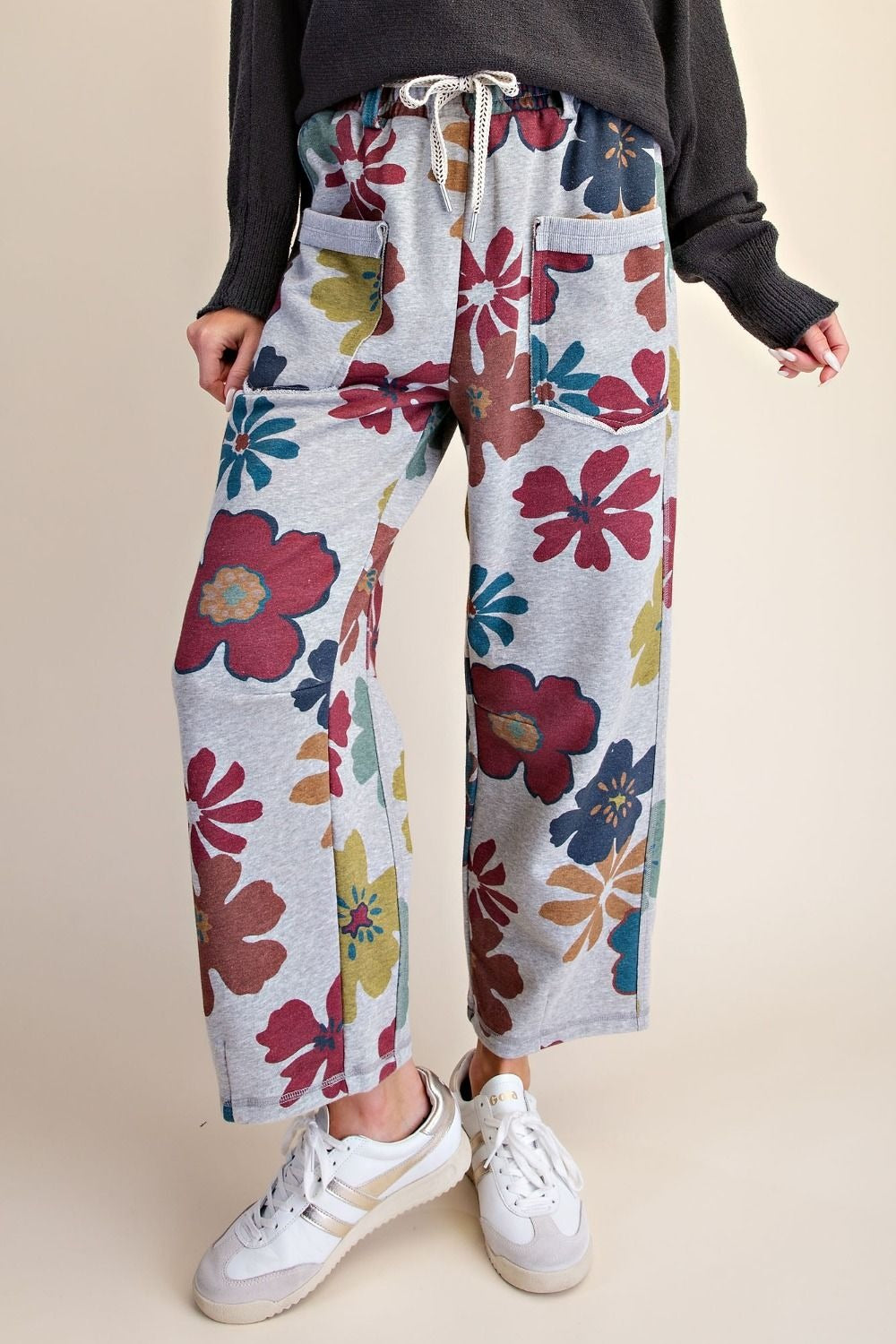 Floral print washed terry pants