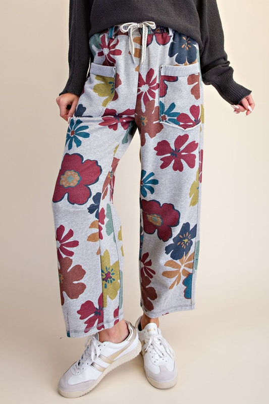 Floral print washed terry pants