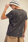 Embroidery stars washed cotton slub top with rolled cuff sleeves