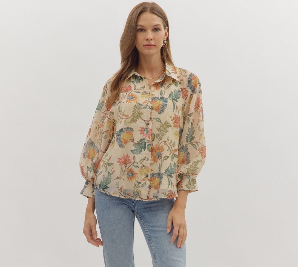 Floral print button-down top featuring dropped shoulders