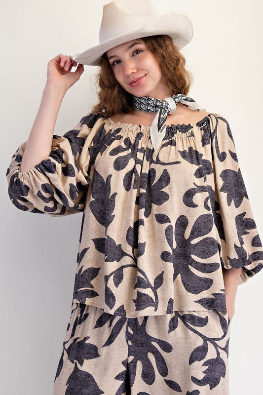 Bubble sleeves printed rayon challis top with elasticized neckline