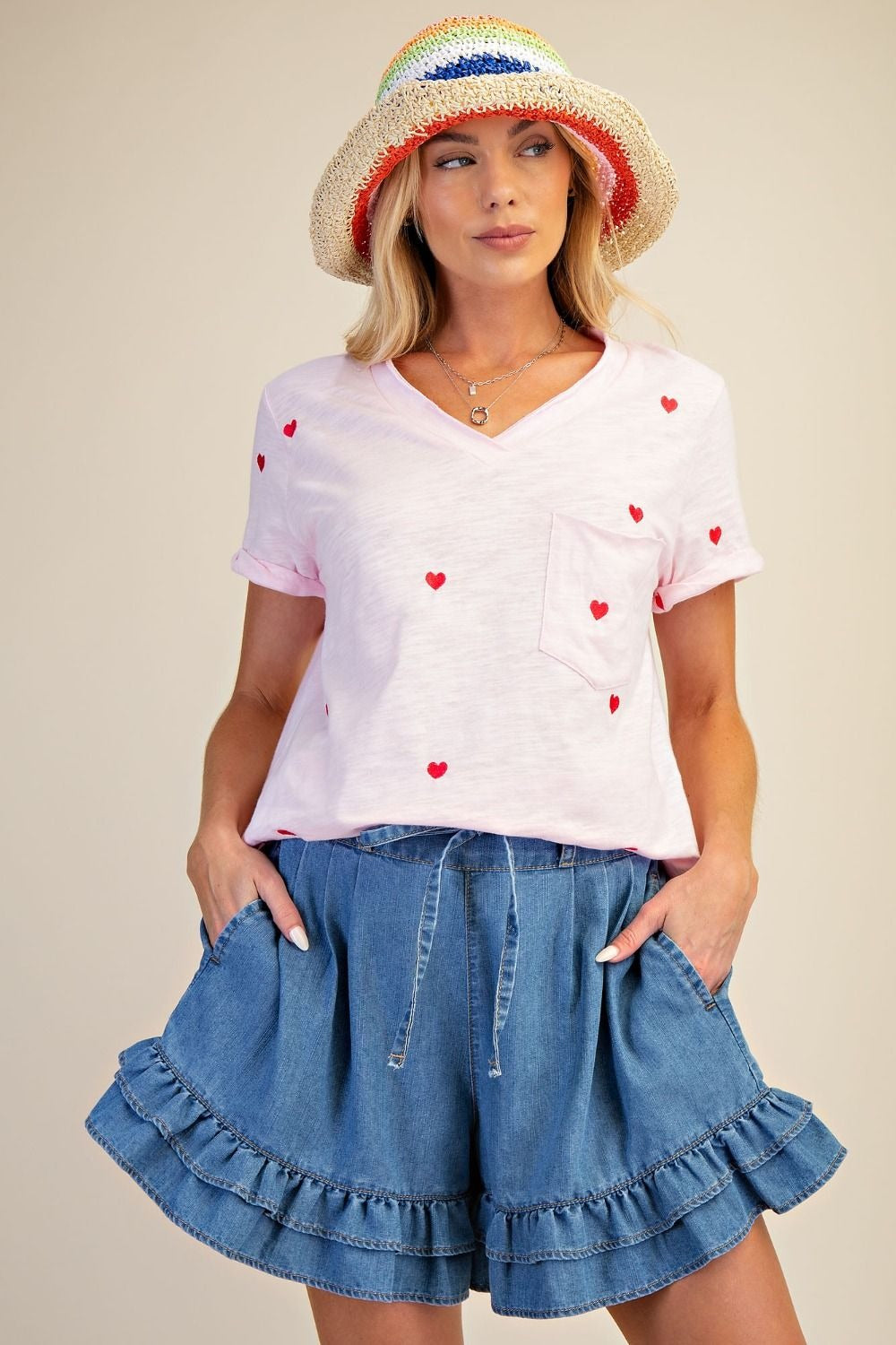 Embroidery hearts washed cotton slub top with rolled cuff sleeves