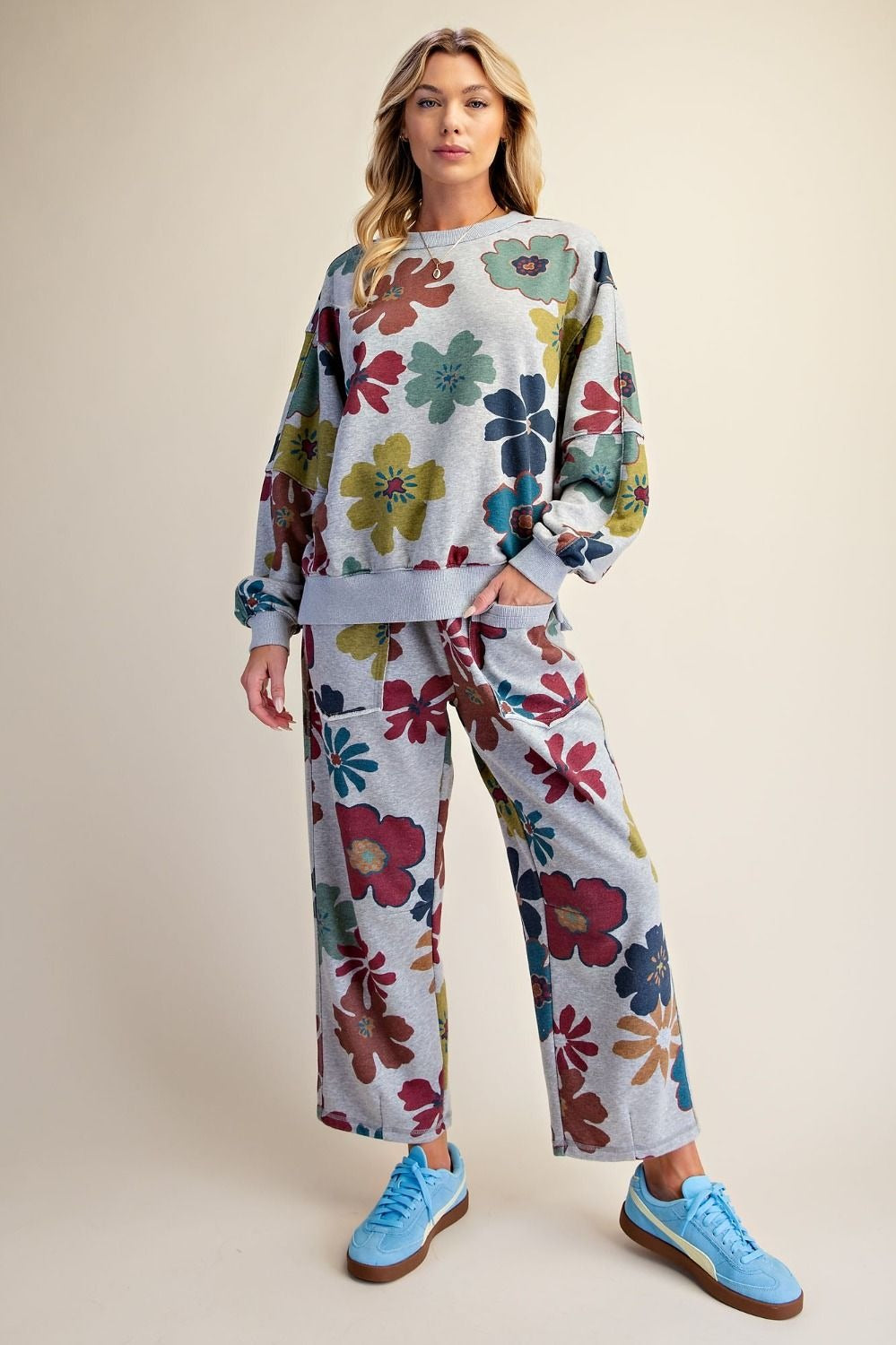 Floral print washed terry pants