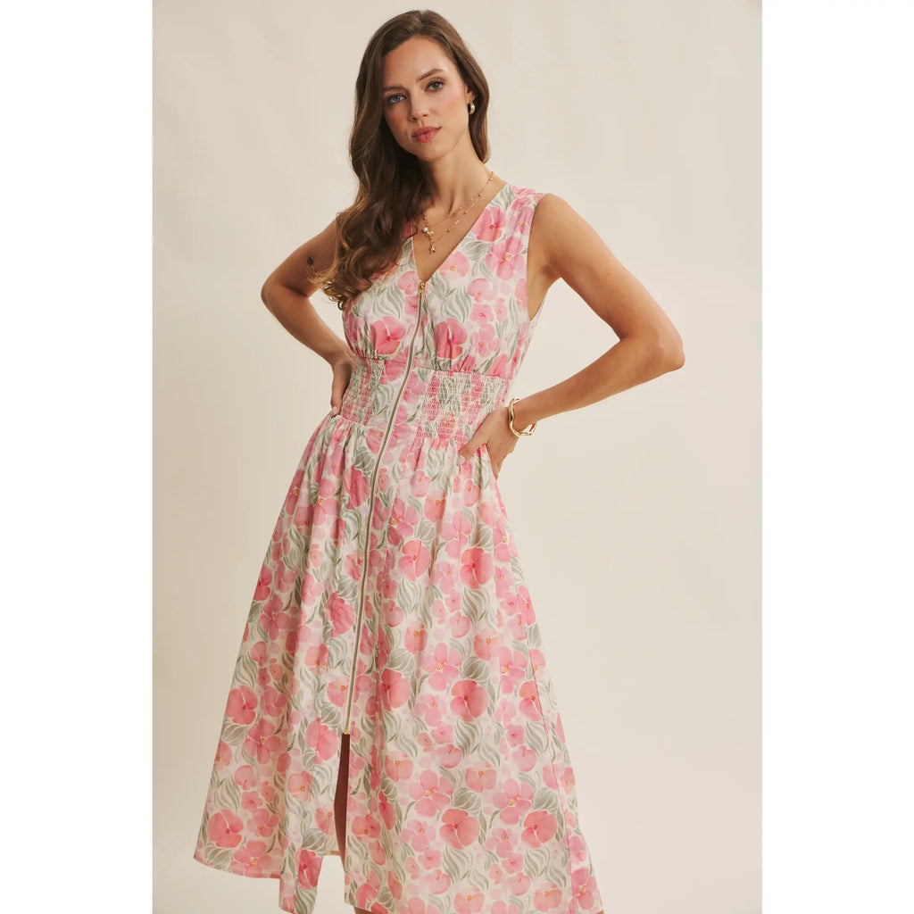 Fresh breath of Spring floral zip-front cotton midi dress