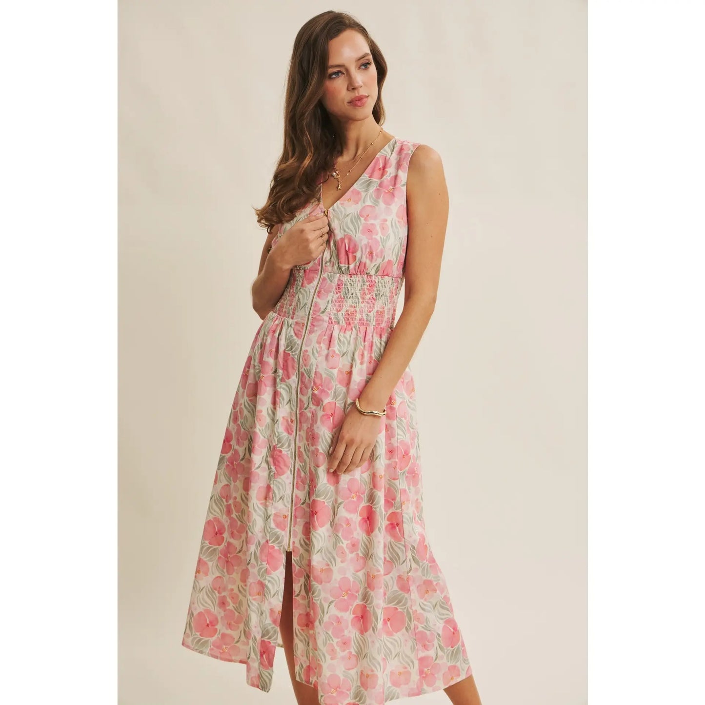 Fresh breath of Spring floral zip-front cotton midi dress