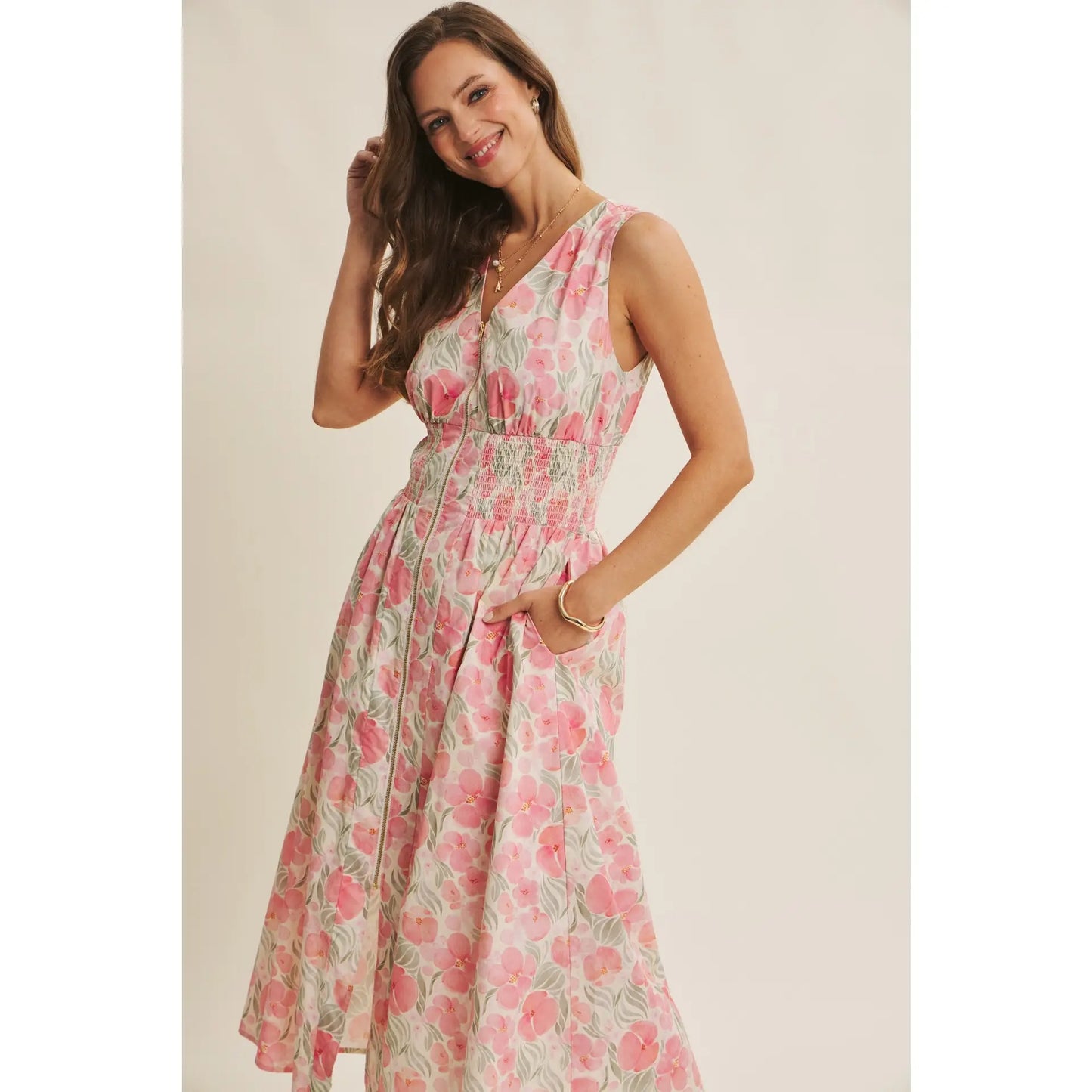 Fresh breath of Spring floral zip-front cotton midi dress