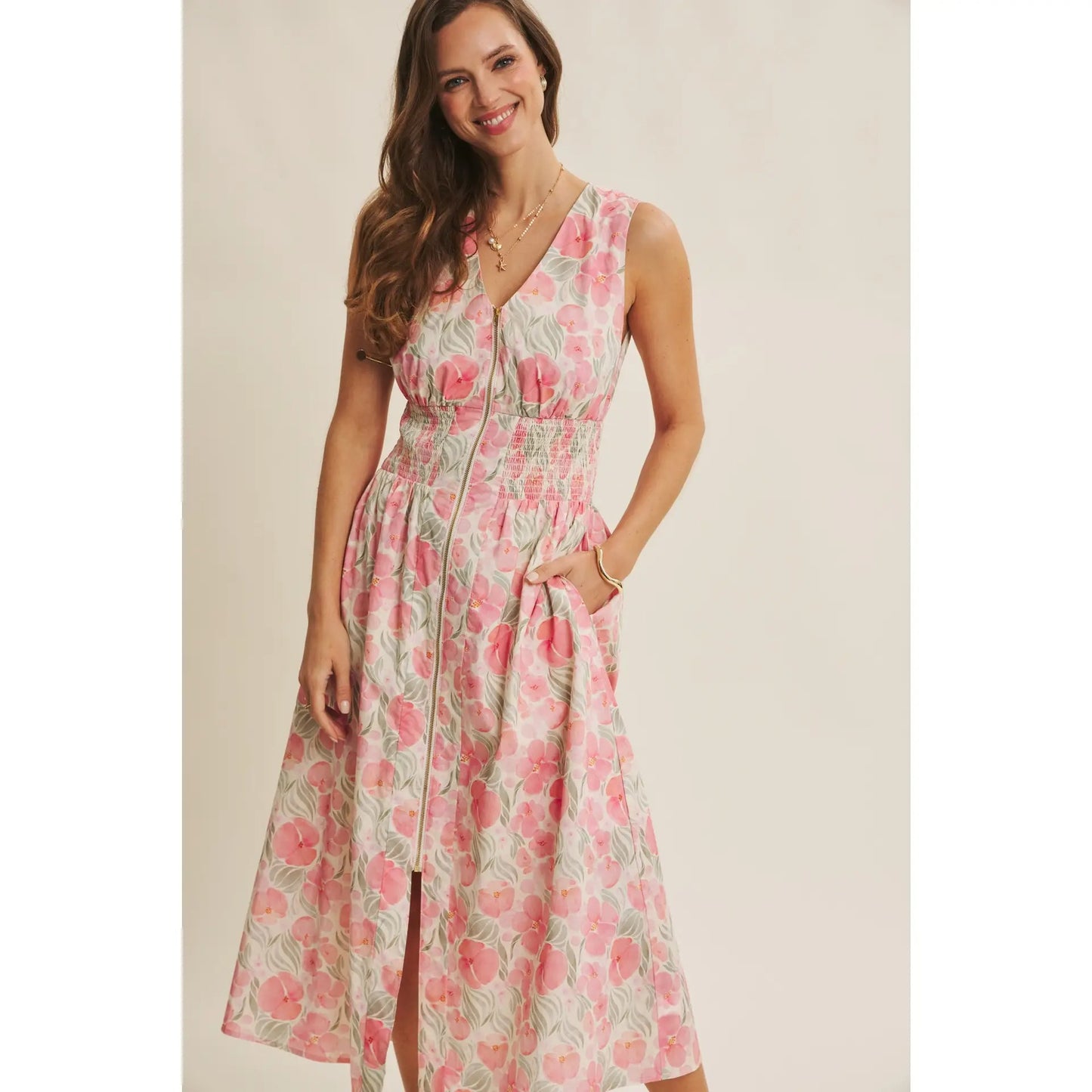 Fresh breath of Spring floral zip-front cotton midi dress