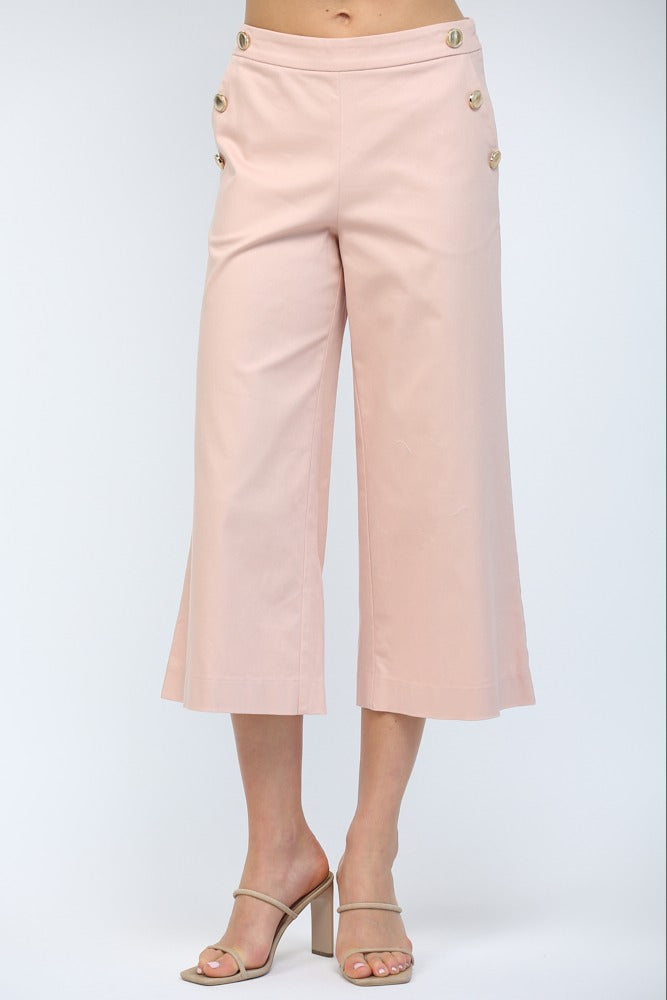 High waisted cropped wide leg pants with gold buttons