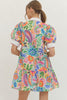 Printed puff sleeve mini dress featuring contrast split V-neck band collar
