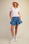 Embroidery hearts washed cotton slub top with rolled cuff sleeves