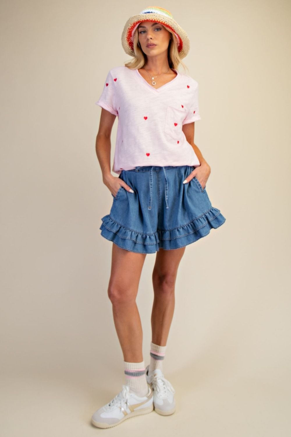 Embroidery hearts washed cotton slub top with rolled cuff sleeves