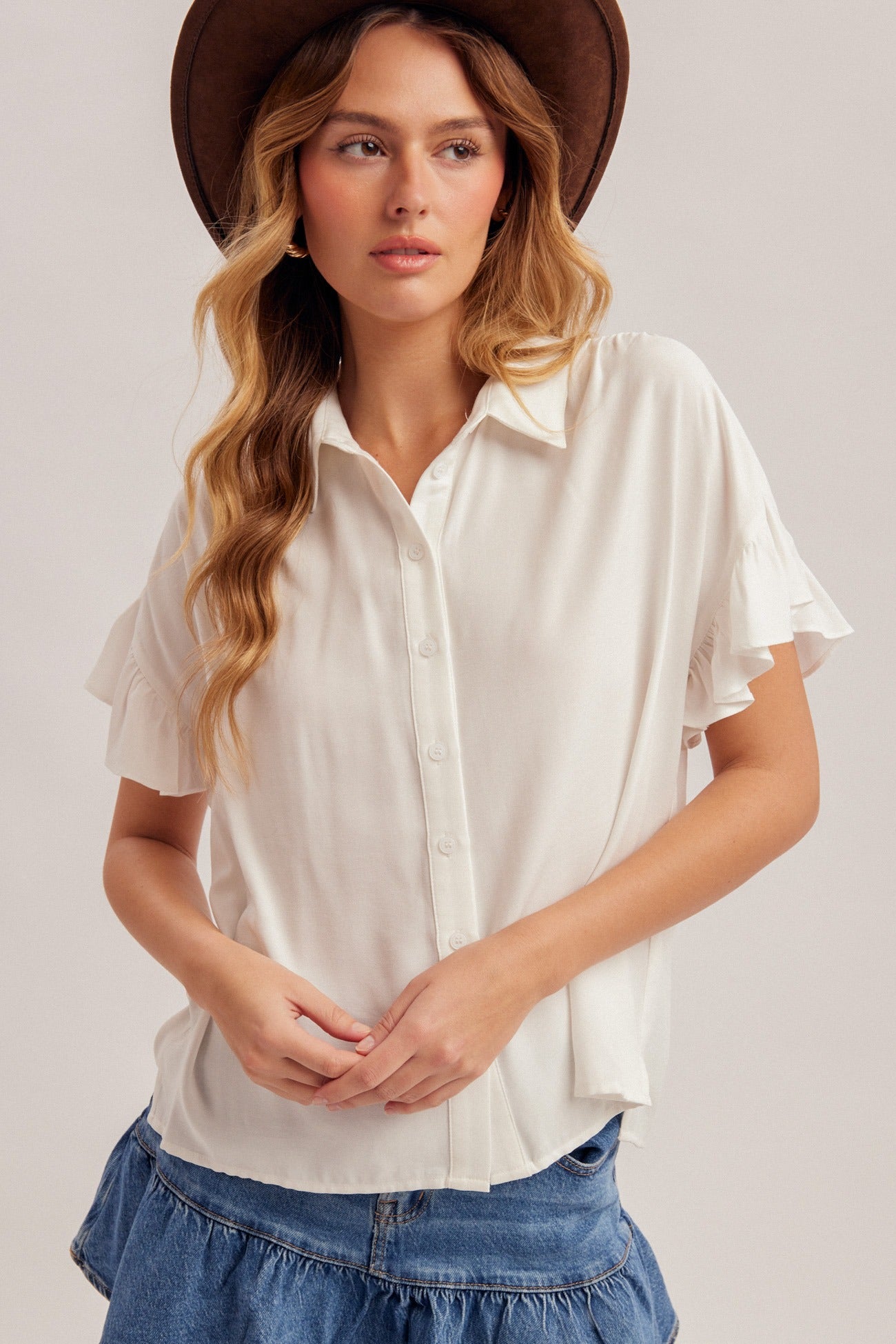 Ruffle sleeve pleated detail button down shirt