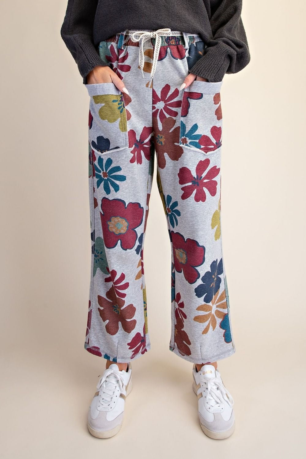 Floral print washed terry pants