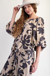 Bubble sleeves printed rayon challis top with elasticized neckline