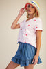 Embroidery hearts washed cotton slub top with rolled cuff sleeves