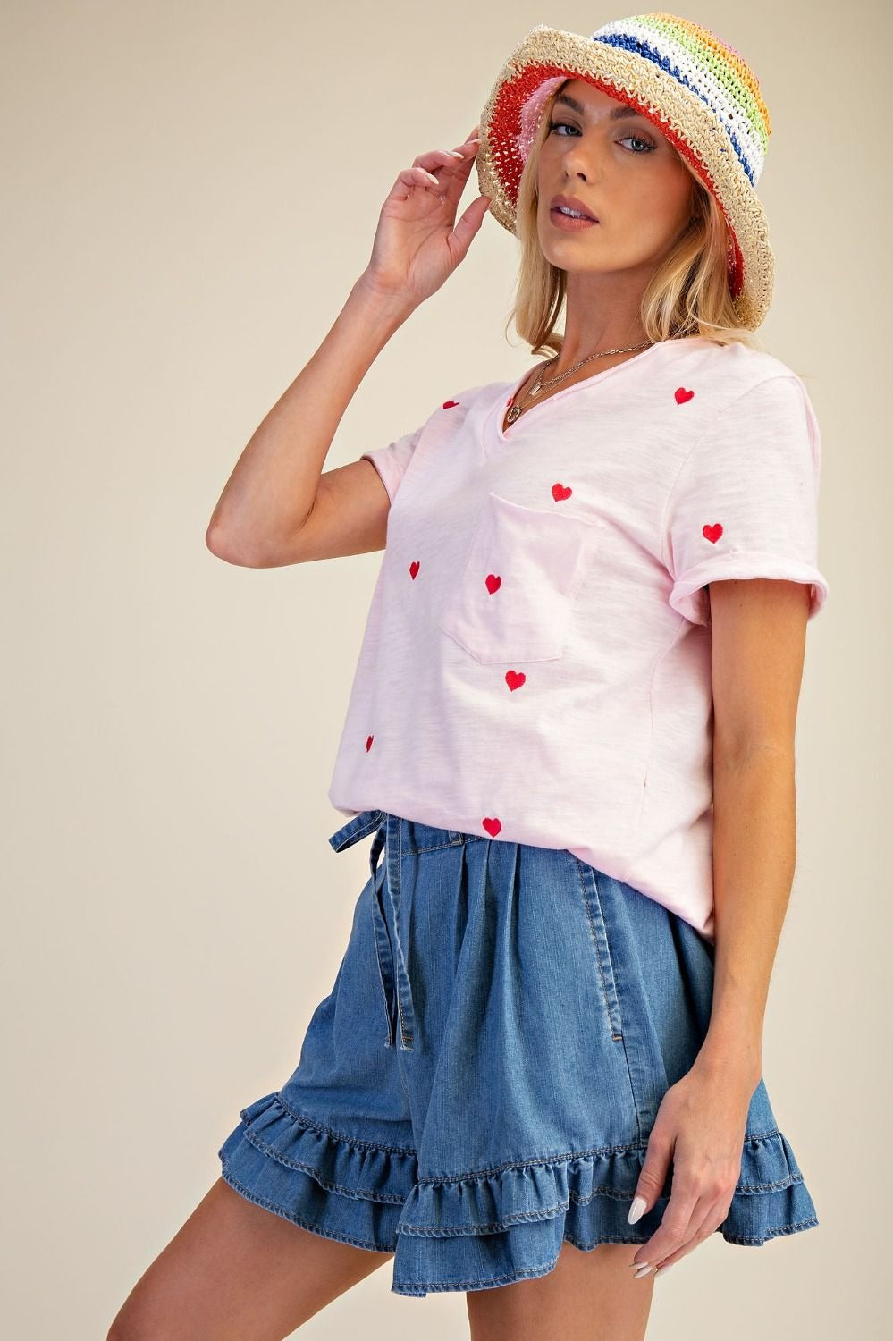 Embroidery hearts washed cotton slub top with rolled cuff sleeves