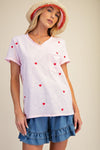 Embroidery hearts washed cotton slub top with rolled cuff sleeves