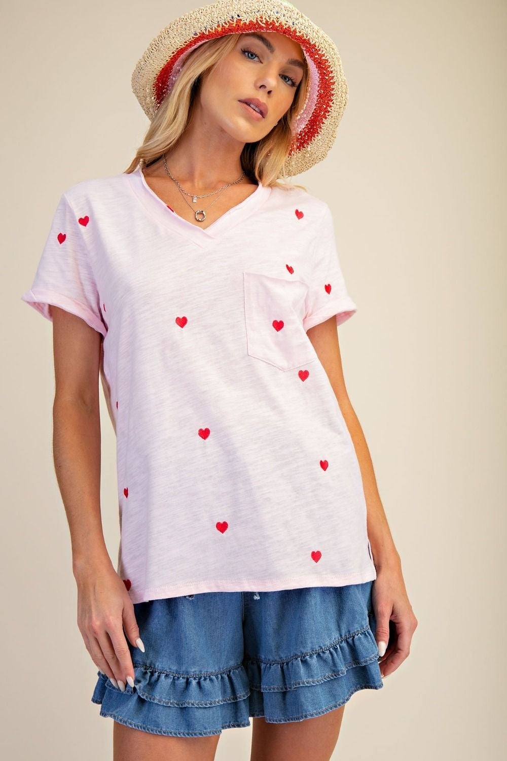 Embroidery hearts washed cotton slub top with rolled cuff sleeves