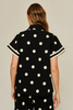 Drop shoulder front zip up polka dot top and bottom with color rib band accent, mock neck