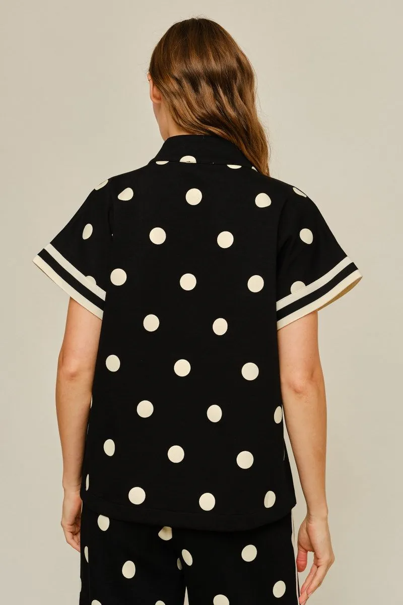 Drop shoulder front zip up polka dot top and bottom with color rib band accent, mock neck