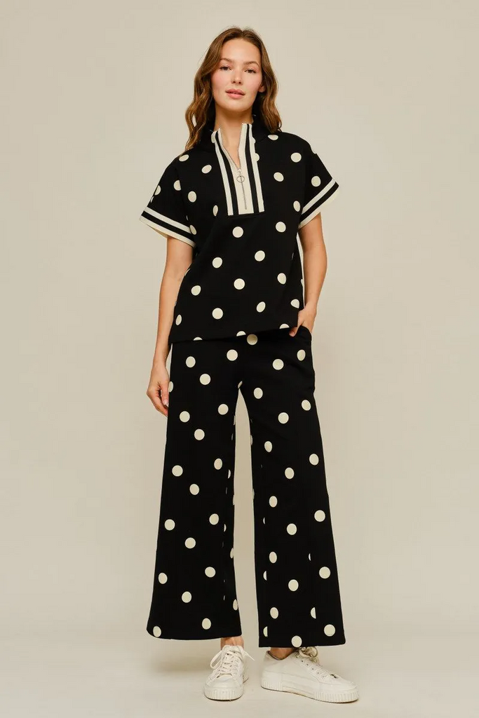 Drop shoulder front zip up polka dot top and bottom with color rib band accent, mock neck