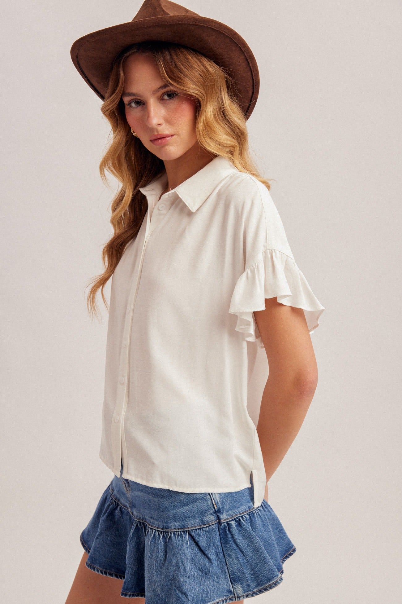 Ruffle sleeve pleated detail button down shirt