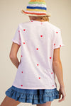 Embroidery hearts washed cotton slub top with rolled cuff sleeves