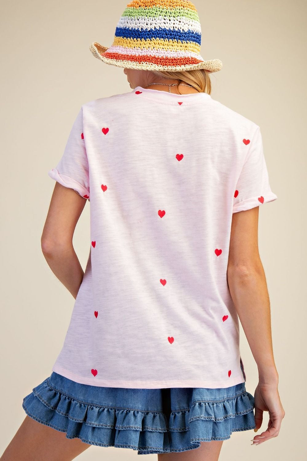 Embroidery hearts washed cotton slub top with rolled cuff sleeves