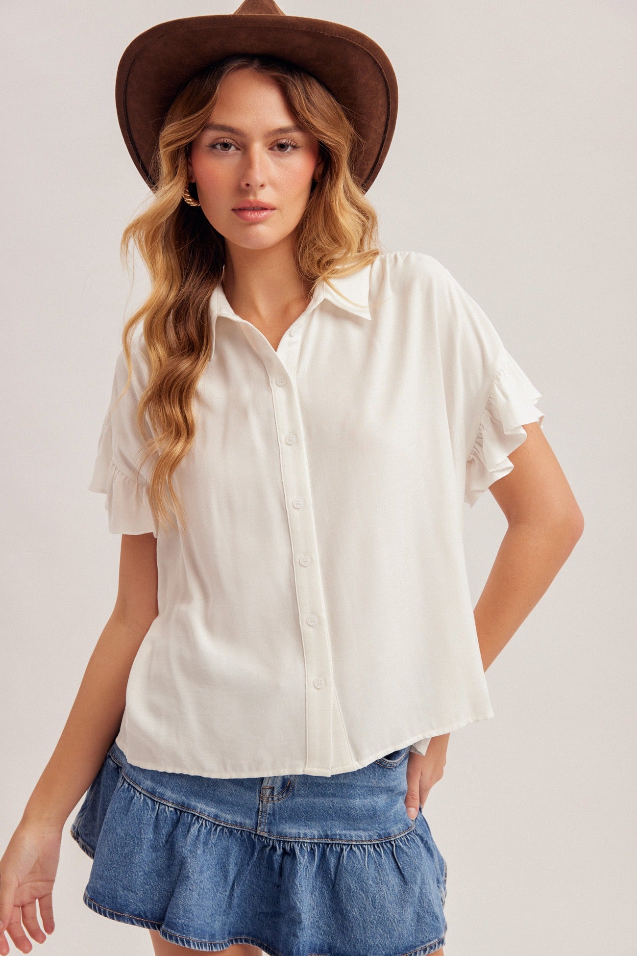 Ruffle sleeve pleated detail button down shirt