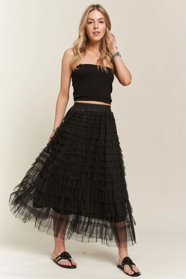 Elastic waist layered mesh skirt