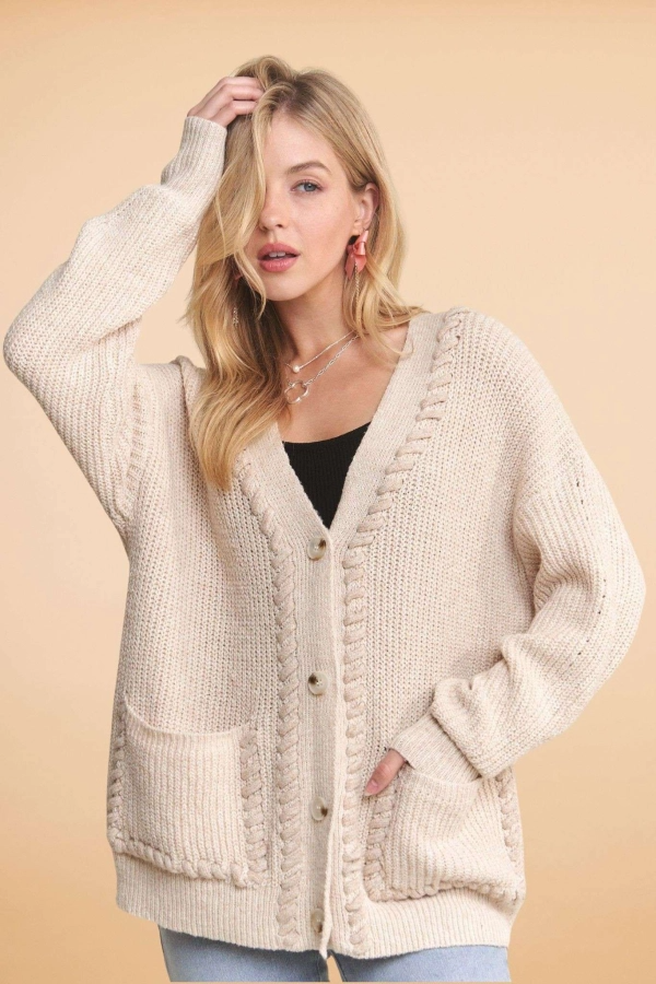 Long sleeve button down sweater cardigan with stitch accents