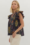 Botanical print short flutter sleeve top featuring pintuck bodice with embroidered trim V-neck