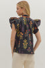 Botanical print short flutter sleeve top featuring pintuck bodice with embroidered trim V-neck