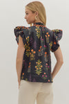 Botanical print short flutter sleeve top featuring pintuck bodice with embroidered trim V-neck